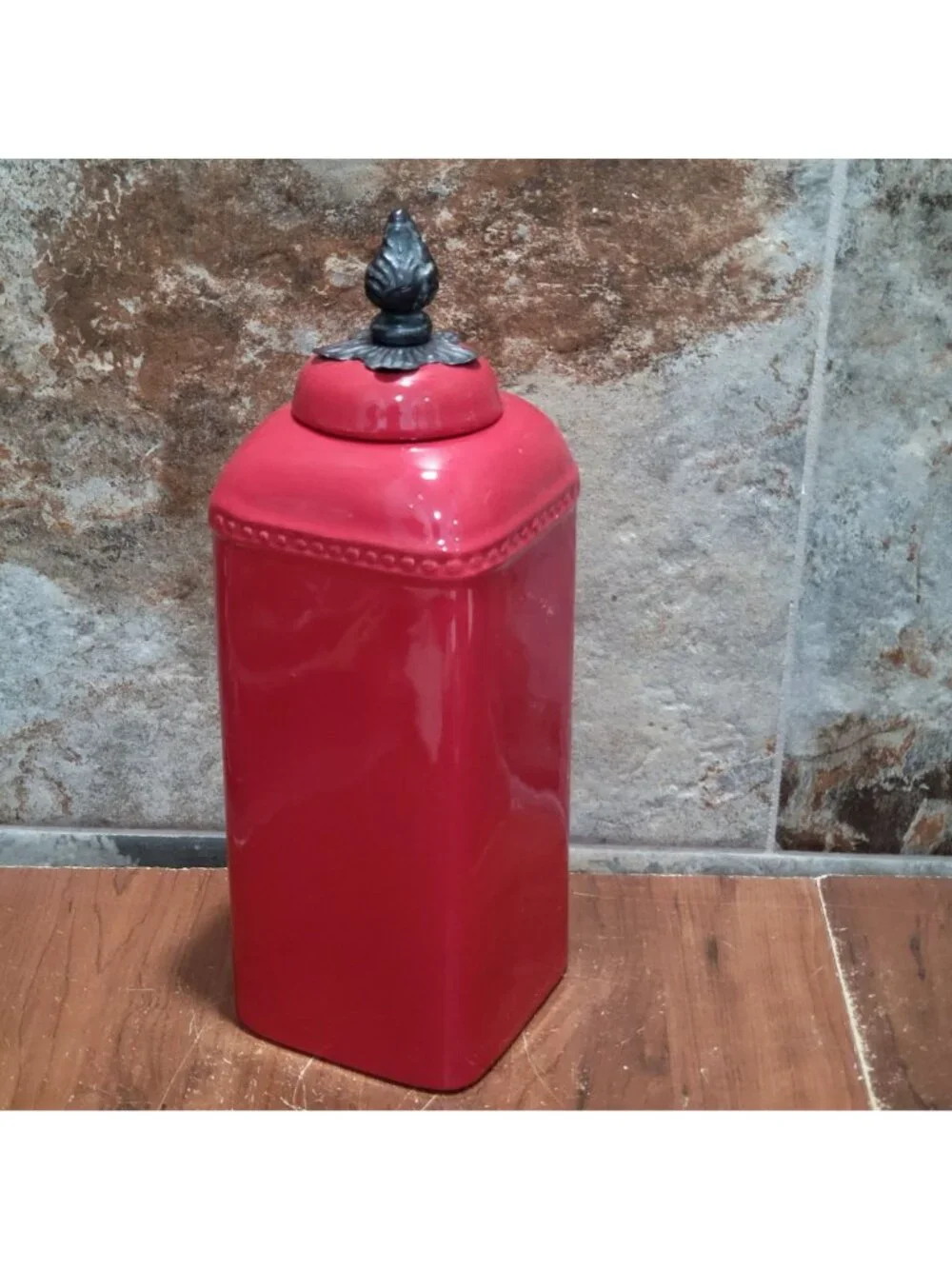 Red Ceramic Kitchen Canister Metal Lily Floral Finial 121/2 Inch Tall